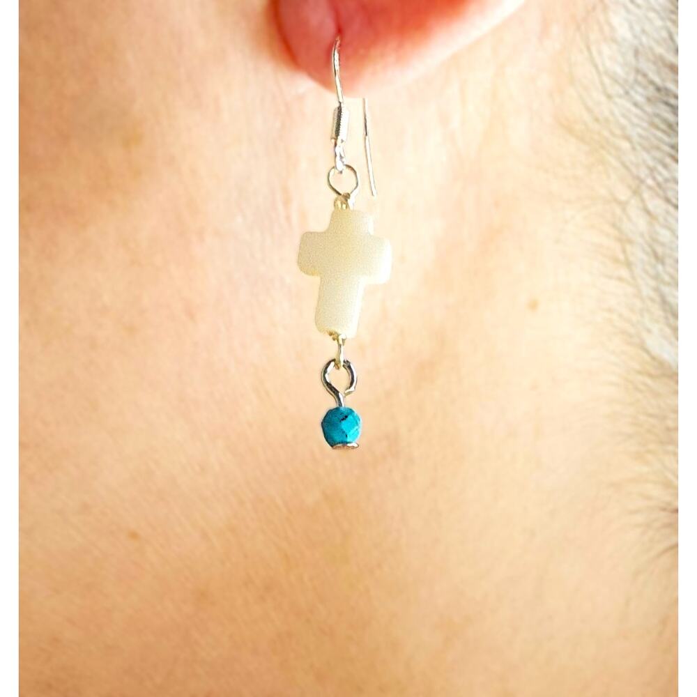 Mother of Pearl Shell Cross Earrings Turquoise Sterling Silver Dangle Drop New
